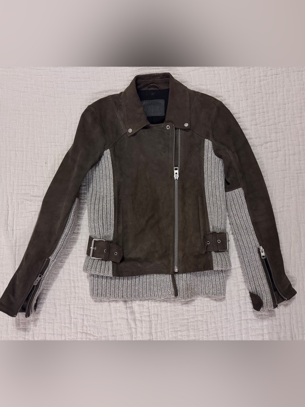 AllSaints Brown Suede Moto Jacket with Knit Sz 6 S